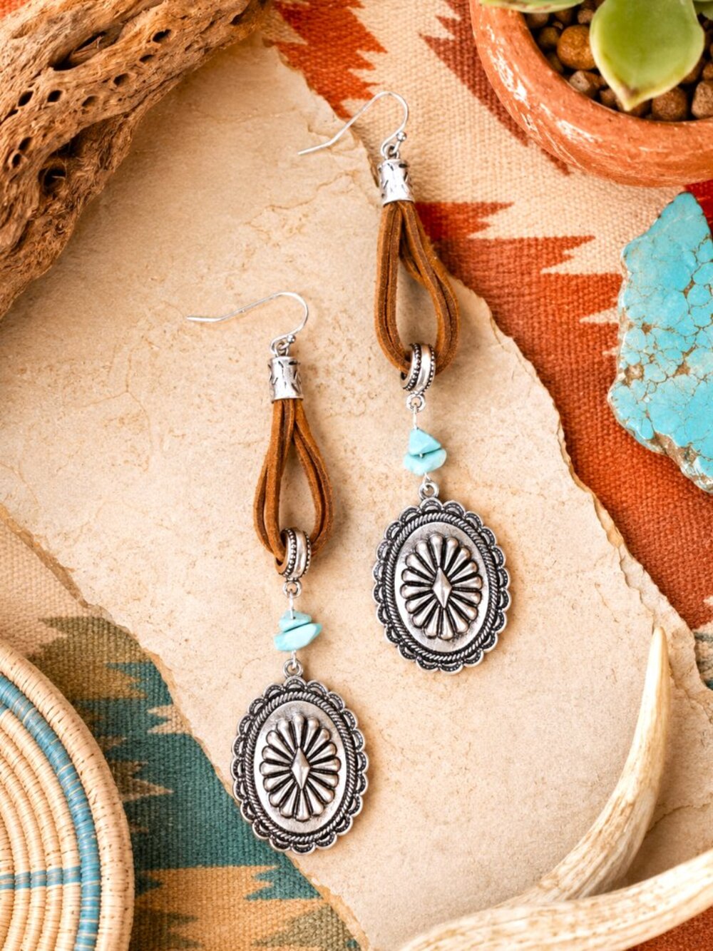 Southwestern Concho Turquoise Leather Tassel Dangle Earrings Boho Western
